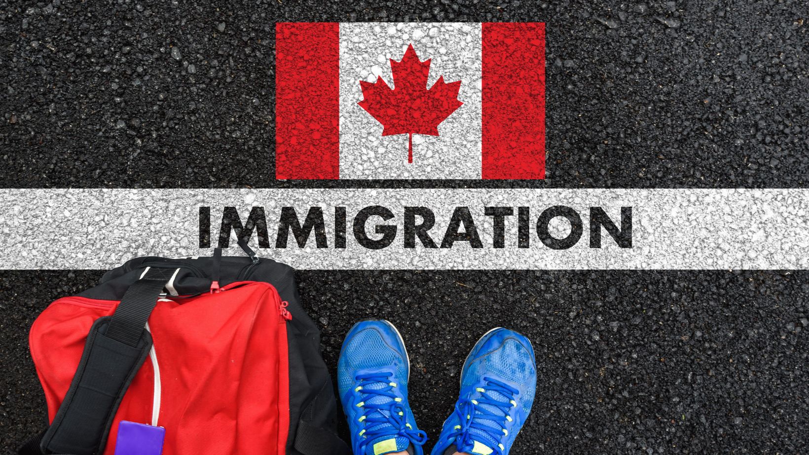 A persons feet standing in front of the Canadian flag and the word immigration