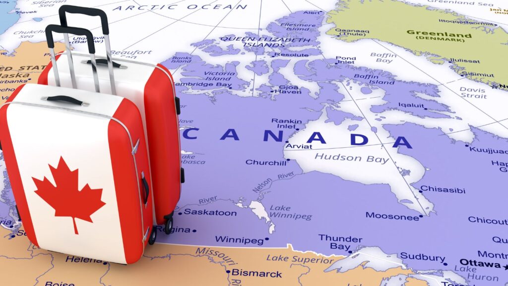 A map of canada with a travel suitcase on top